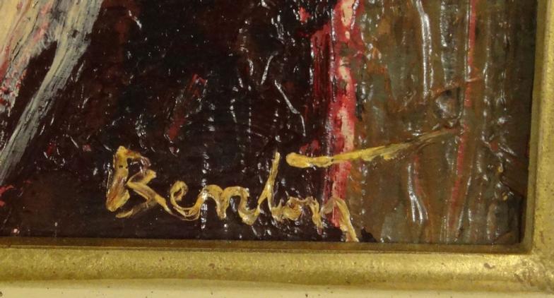 Benton - Oil onto board abstract cello player, in a gilt frame, 26cm x 21cm excluding the frame : - Image 3 of 4