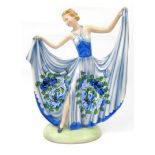 Large Goldschneider pottery model of a young lady in blue flowing gown, Goldschneider, Made in