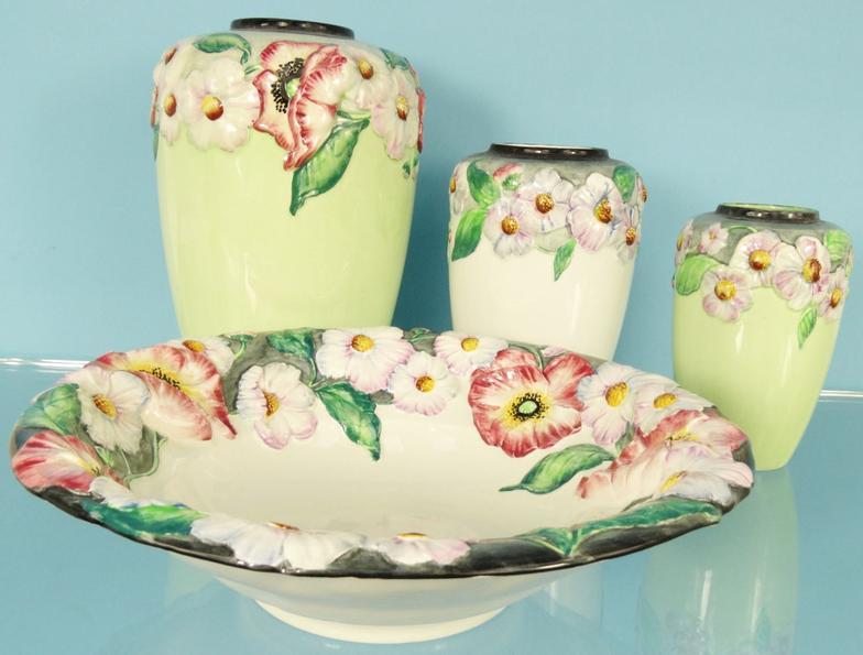 Three Carltonware Australian design vases and bowl, the largest vase 20cm high : For Condition