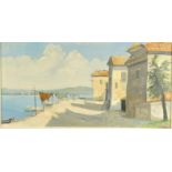 Gino Corti - Oil onto canvas Italian lakeside scene, contemporary framed, 79cm x 39cm excluding