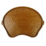 Robert Thompson Mouseman  oak carved wooden tray, with  signature mice handles, 46cm diameter :