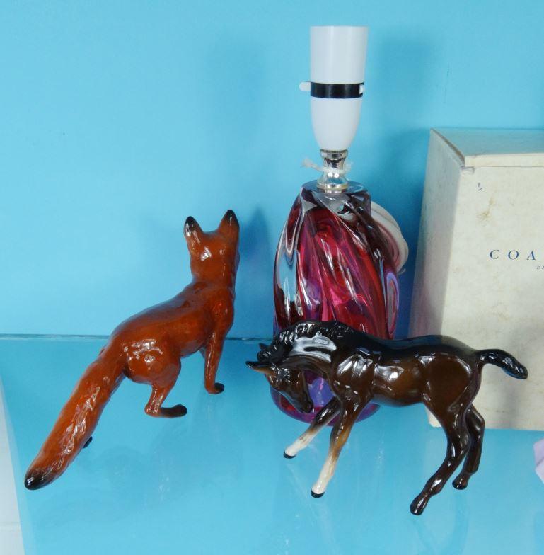 Two Coalport china figurines, Beswick fox and horse and a Whitefriars style glass table lamp : For - Image 5 of 7