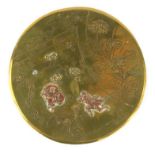 Oriental Japanese Kyoto bronze plate decorated with copper and silver inlay and flowers, bats and