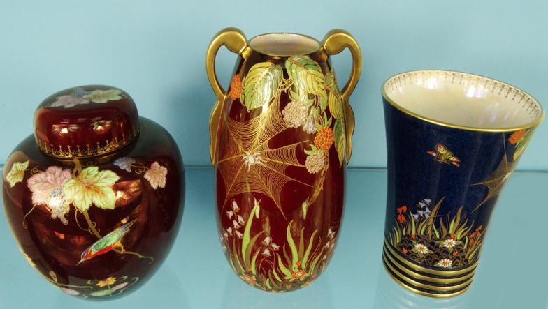 Two Carltonware Rouge Royale vases and a similar blue example, the largest 20.5cm high : For