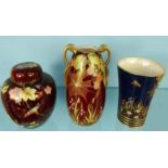 Two Carltonware Rouge Royale vases and a similar blue example, the largest 20.5cm high : For
