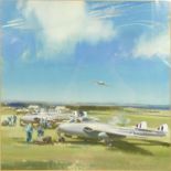 Frank Wootton watercolour of aeroplanes on the ground and in flight over the Sussex Downs, mounted