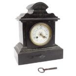 Victorian black slate mantel clock with white floral enamel dial, striking on a bell, 30cm high :