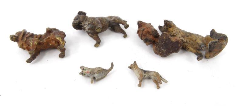 Six miniature cold painted bronze animals including a bulldog, husky and an Alsatian, the largest - Image 3 of 3