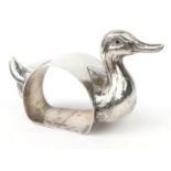 Novelty silver duck napkin ring with glass eyes, C&N Birmingham 1939-40, 5cm high : For Condition