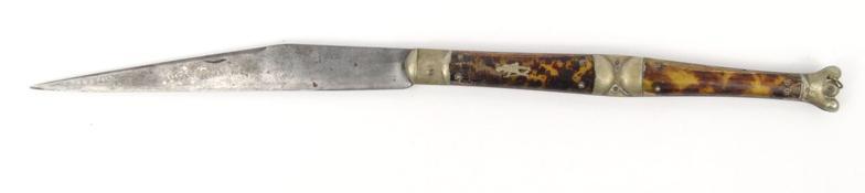 Antique hunting knife the tortoiseshell handle with inset huntsman, the blade stamped 'D H BOST?',