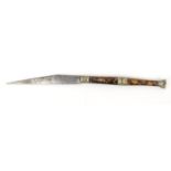 Antique hunting knife the tortoiseshell handle with inset huntsman, the blade stamped 'D H BOST?',