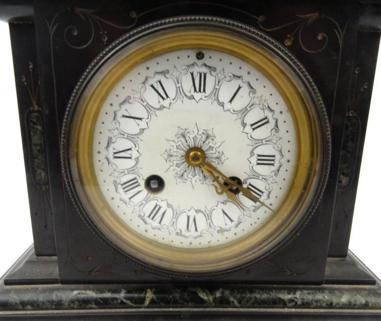 Victorian black slate mantel clock with white floral enamel dial, striking on a bell, 30cm high : - Image 4 of 10
