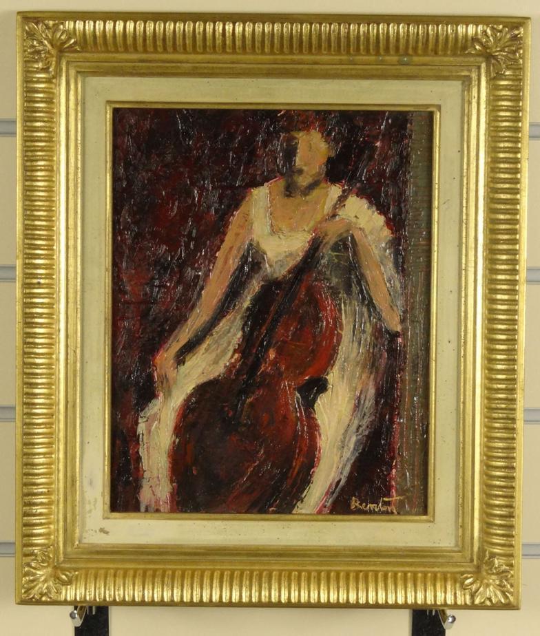 Benton - Oil onto board abstract cello player, in a gilt frame, 26cm x 21cm excluding the frame : - Image 2 of 4