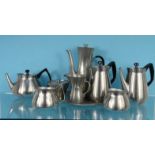 Eric Clemence Brahma stainless steel tea service and a Royal Holland pewter three piece tea