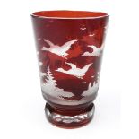 Bohemian ruby flashed glass beaker engraved with woodland animals, 12cm high : For Condition Reports