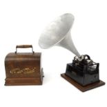 Edison wooden cased Gem phonograph with an aluminium horn, 20cm high excluding the handle : For