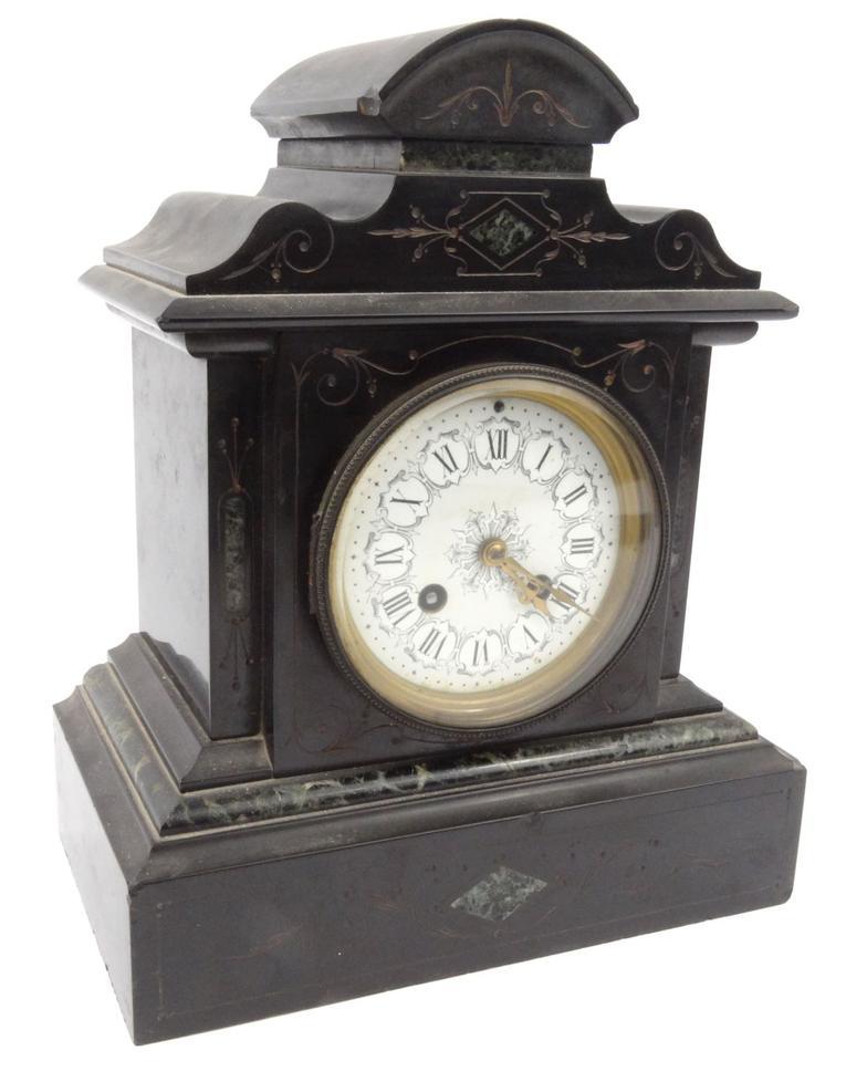 Victorian black slate mantel clock with white floral enamel dial, striking on a bell, 30cm high : - Image 2 of 10