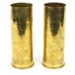 Pair of military interest World War I trench art shells 'Souvenir of Arras 1917', 23cm high : For