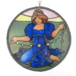 Hand painted circular glass plaque of a maiden, housed in a lead frame, 30cm wide : For Condition