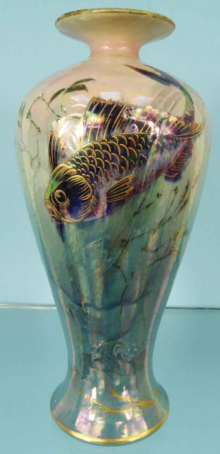 Shelley lustre vase decorated with swimming fish, 26cm high : For Condition Reports please visit - Image 2 of 6