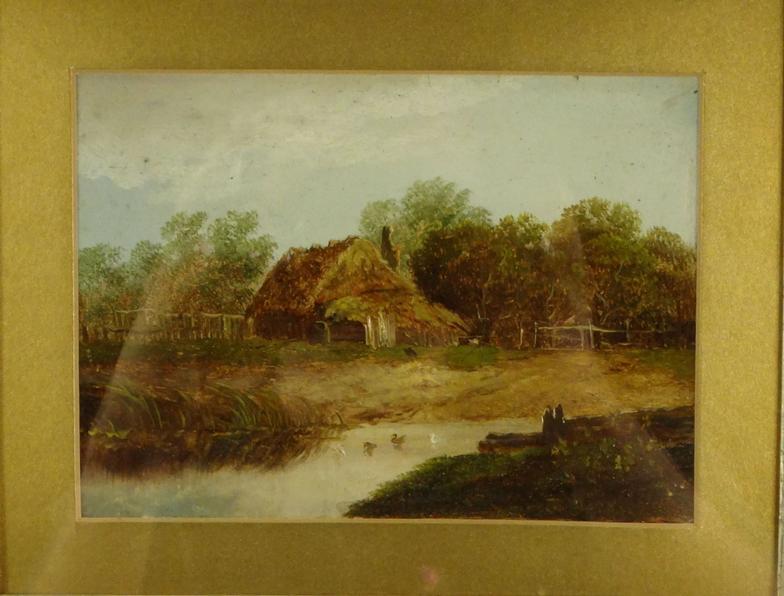 Victorian oil onto panel countryside scene with house, mounted and framed, 16cm x 12cm excluding the