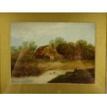 Victorian oil onto panel countryside scene with house, mounted and framed, 16cm x 12cm excluding the