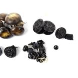 Quantity of black glass buttons and some horn style buttons, the largest 2.5cm diameter : For