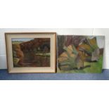 Two oil paintings - one of a river scene and one abstract, the larger 61cm x 51cm : For Condition