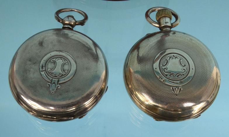 Two gentleman's silver open faced pocket watches and a mahogany watch stand : For Condition - Image 5 of 13