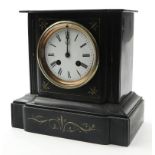 Victorian black slate mantel clock, the enamel dial painted with black Roman numerals, the