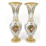 Large pair of Victorian opaline glass vases, with hand painted panels of flowers and gilding, 40cm