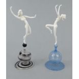 Istvan Komaromy- two white glass figures of dancing nude ladies - one on a blue spiral twist base