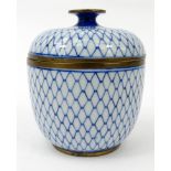 Oriental metal banded porcelain rice bowl and cover decorated with a lattice pattern design, 12cm