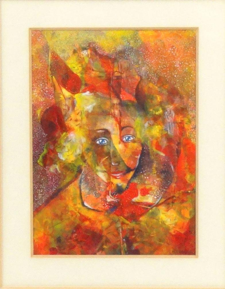 Rosemar Booth - Watercolour of an abstract lady, mounted and framed, paper label to reverse, 13cm