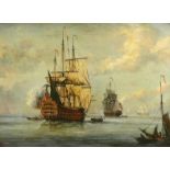 Oil onto canvas laid on board view of British warships, bearing a signature, gilt framed, 28cm x