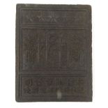 Oriental Chinese tea block decorated with a pagoda and character marks, 24cm x 18cm : For