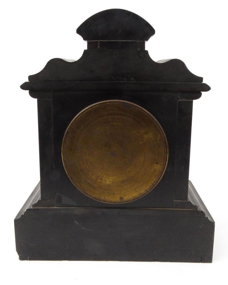 Victorian black slate mantel clock with white floral enamel dial, striking on a bell, 30cm high : - Image 8 of 10