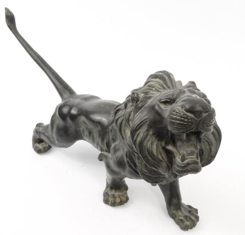 Large oriental bronze study of a lion, character marks to the belly, 52cm long : For Condition - Image 2 of 9