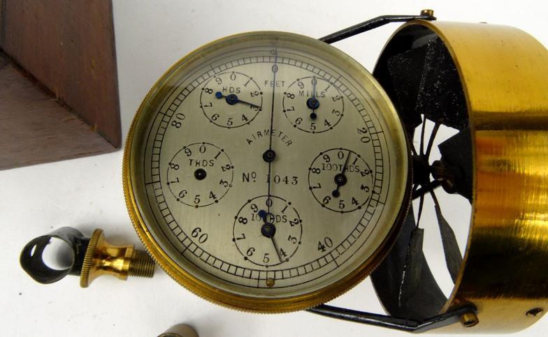 Brass air meter, number 1043, with silvered dial, housed in a wooden box, 9cm high : For Condition - Image 3 of 3