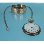 Gentleman's silver open faced pocket watch with a silver watch chain and a silver bangle with floral
