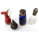 Victorian blue glass scent bottle, horn scent bottle, clear glass scent bottle and a cranberry glass