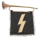 Military interest brass bugle with cloth Nazi pennant, 55cm long : For Condition Reports please