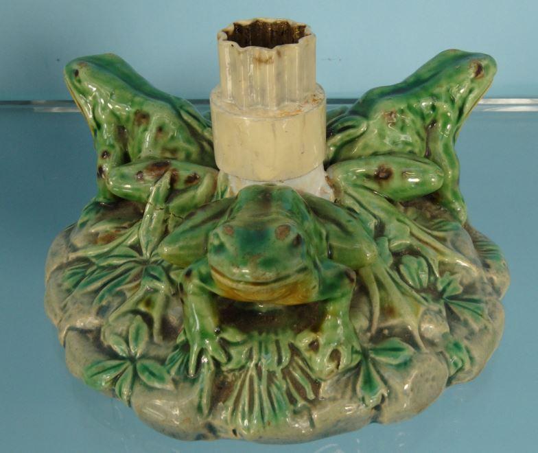 Two Minton Majolica pottery frog bases, impressed marks and numbered 6011, each 12cm diameter : - Image 4 of 9