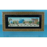 Middle Eastern painting of figures on horseback with a Vizagapatam style frame, 27cm in length : For