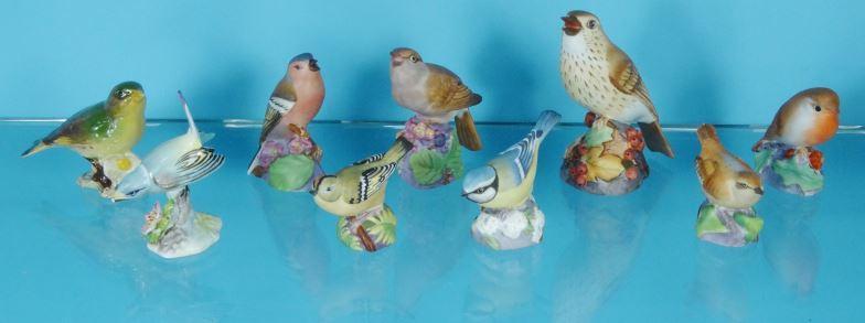 Seven Royal Worcester china birds, Beswick bird and a Royal Adderley bird, the largest 11cm high :