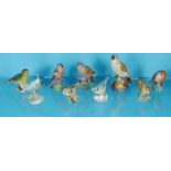 Seven Royal Worcester china birds, Beswick bird and a Royal Adderley bird, the largest 11cm high :
