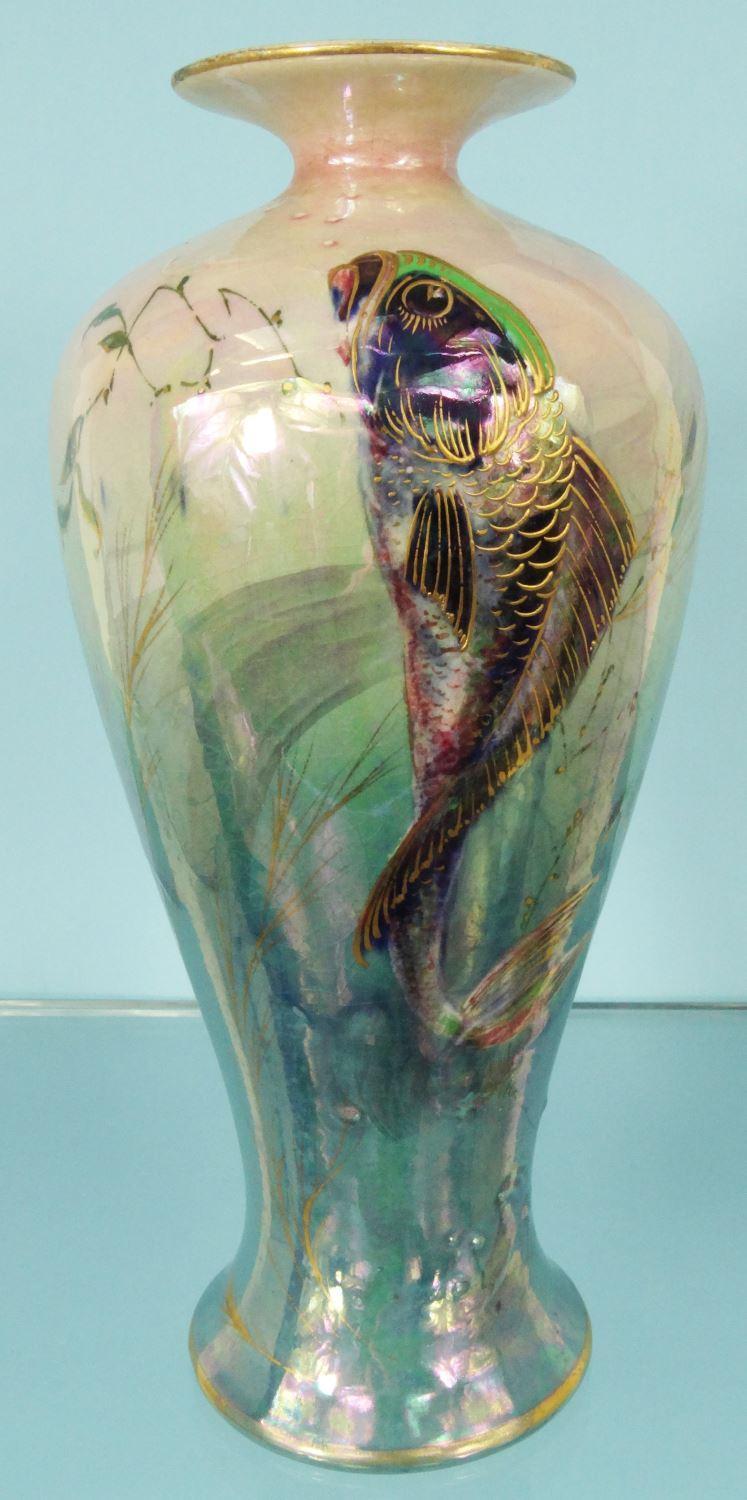 Shelley lustre vase decorated with swimming fish, 26cm high : For Condition Reports please visit