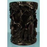 Oriental carved wooden brush pot decorated with figures, 21cm high : For Condition Reports please