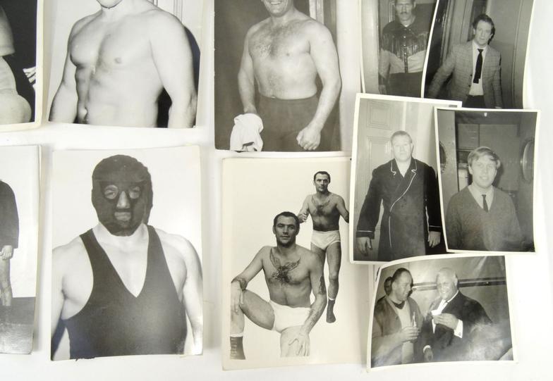 Selection of black and white wrestling photographs, some with autographs, the largest 26cm x