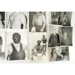 Selection of black and white wrestling photographs, some with autographs, the largest 26cm x